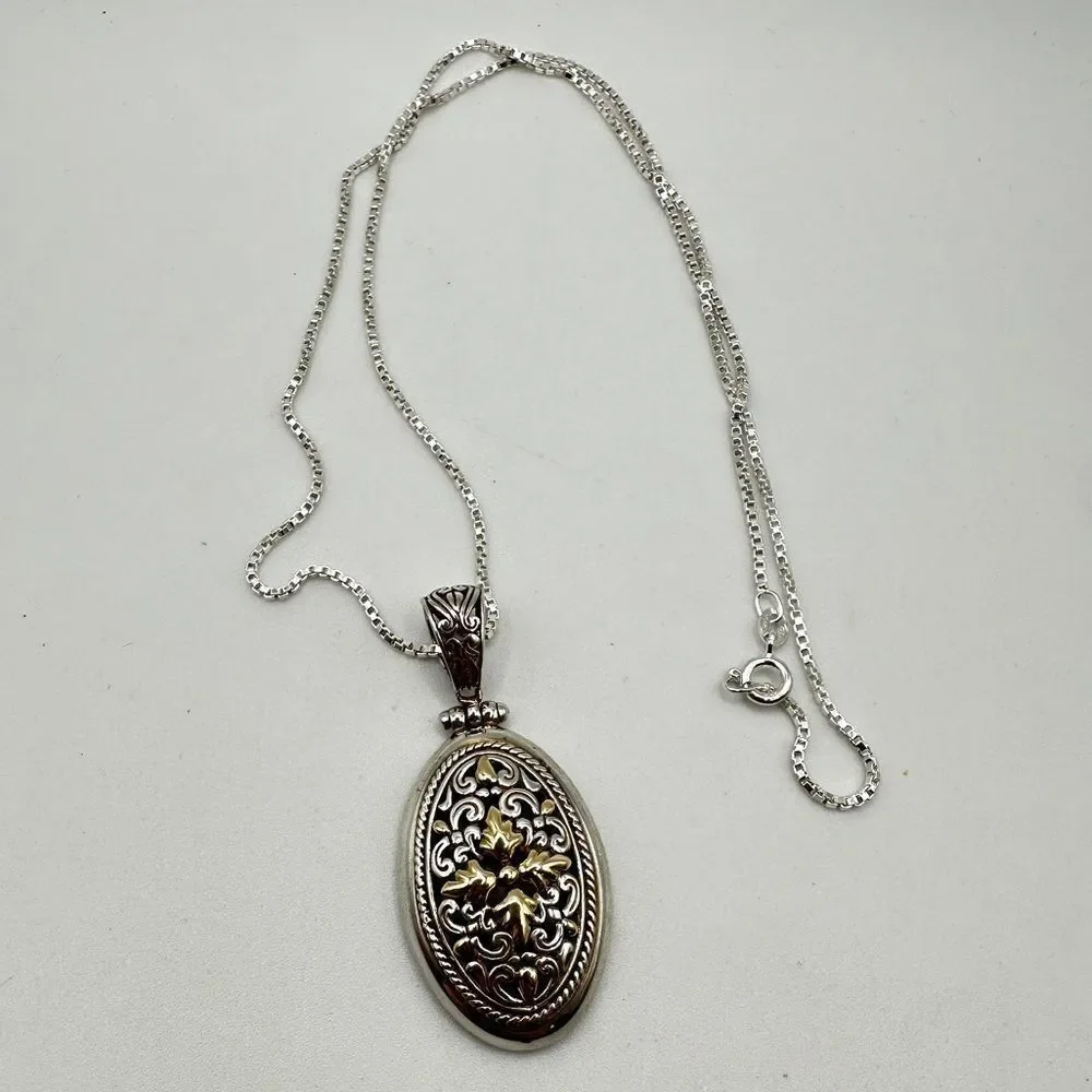 Stunning Oval-Filigree Silver and 14k Pendant with 20